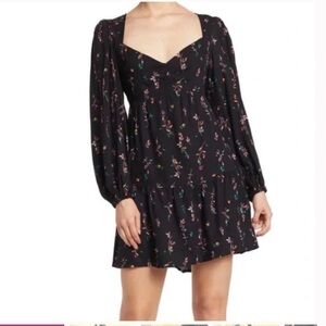 AFRM Channa Ruched Neck Floral Printed Black Long-sleeve Mini Dress W1183 Sz M